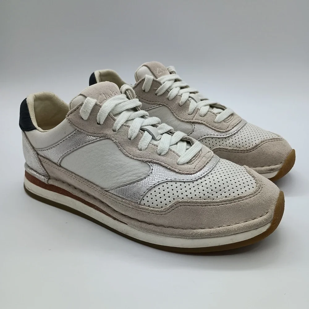Clarks CraftRun Lace White Leather Suede Metallic Sneakers Womens 7.5